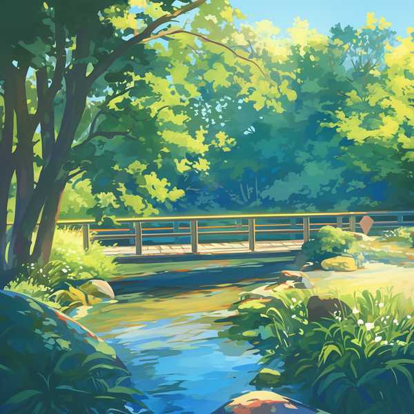 Landscape painting of riverside scenery-water flowing beneath a little bridge 20