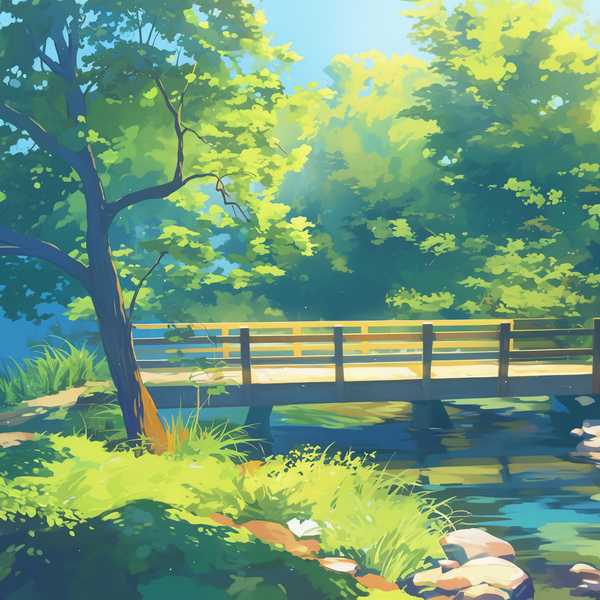 Landscape painting of riverside scenery-water flowing beneath a little bridge 19