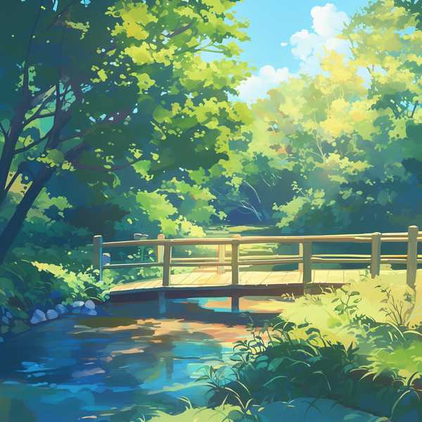 Landscape painting of riverside scenery-water flowing beneath a little bridge 18