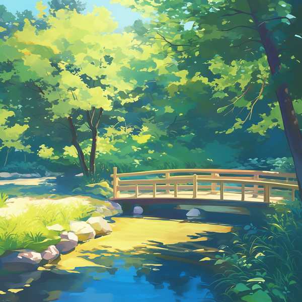 Landscape painting of riverside scenery-water flowing beneath a little bridge 17