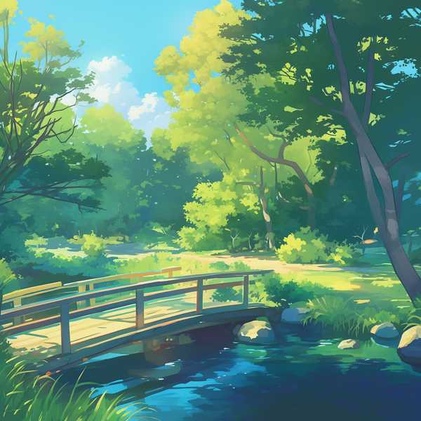 Landscape painting of riverside scenery-water flowing beneath a little bridge 15