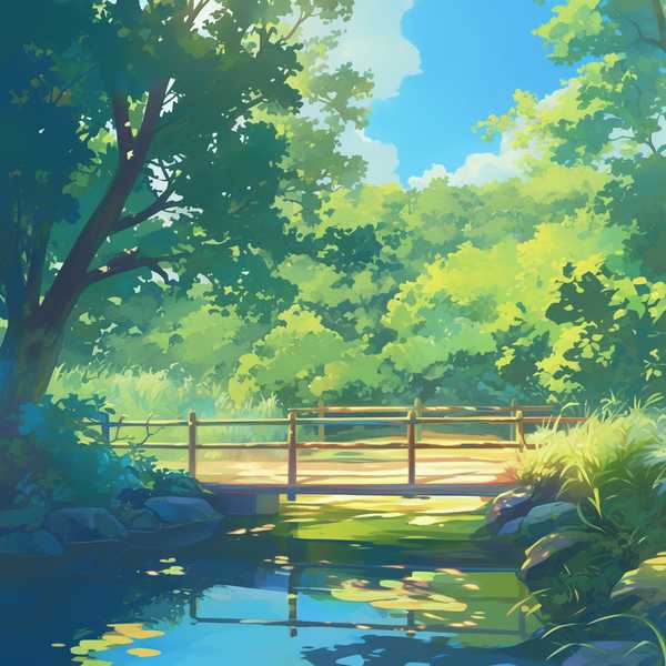 Landscape painting of riverside scenery-water flowing beneath a little bridge 14