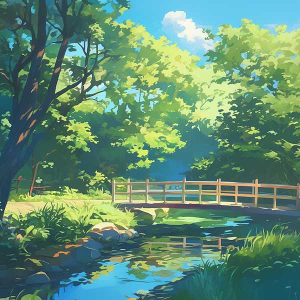 Landscape painting of riverside scenery-water flowing beneath a little bridge 13