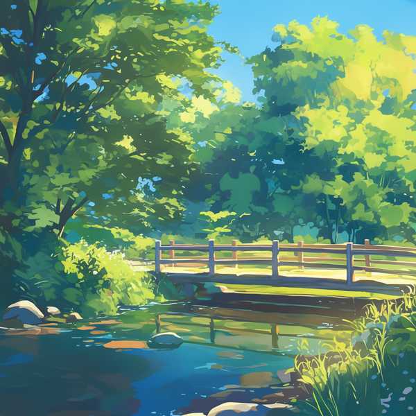 Landscape painting of riverside scenery-water flowing beneath a little bridge 12