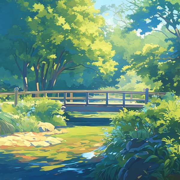 Landscape painting of riverside scenery-water flowing beneath a little bridge 11