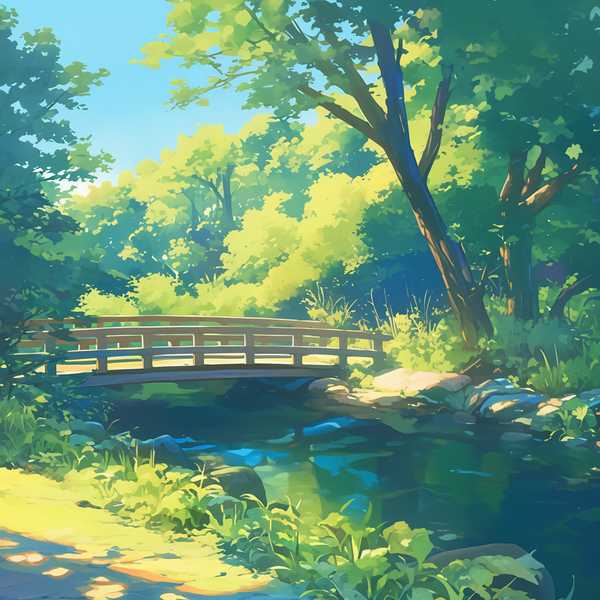 Landscape painting of riverside scenery-water flowing beneath a little bridge 10