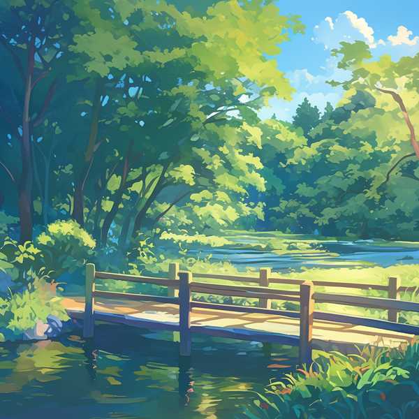 Landscape painting of riverside scenery-water flowing beneath a little bridge 9