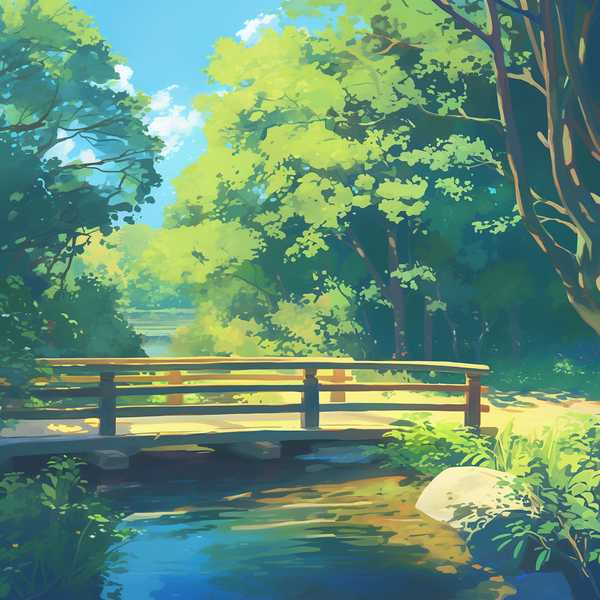 Landscape painting of riverside scenery-water flowing beneath a little bridge 8