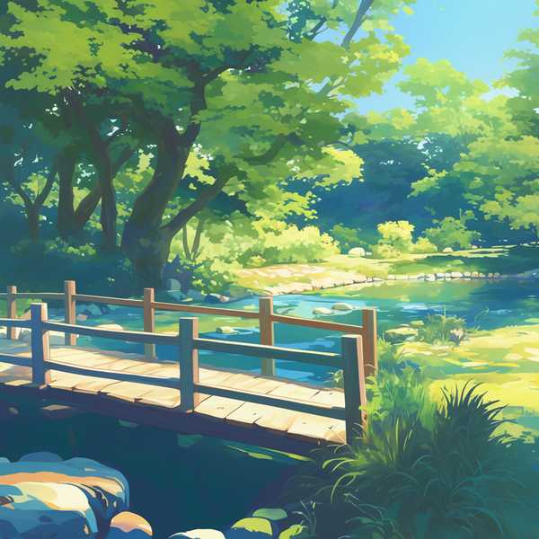 Landscape painting of riverside scenery-water flowing beneath a little bridge 7