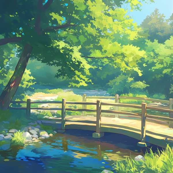 Landscape painting of riverside scenery-water flowing beneath a little bridge 6