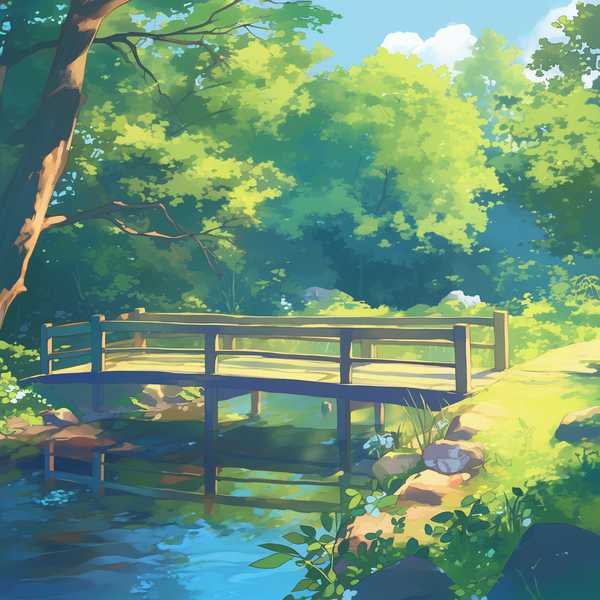 Landscape painting of riverside scenery-water flowing beneath a little bridge 5
