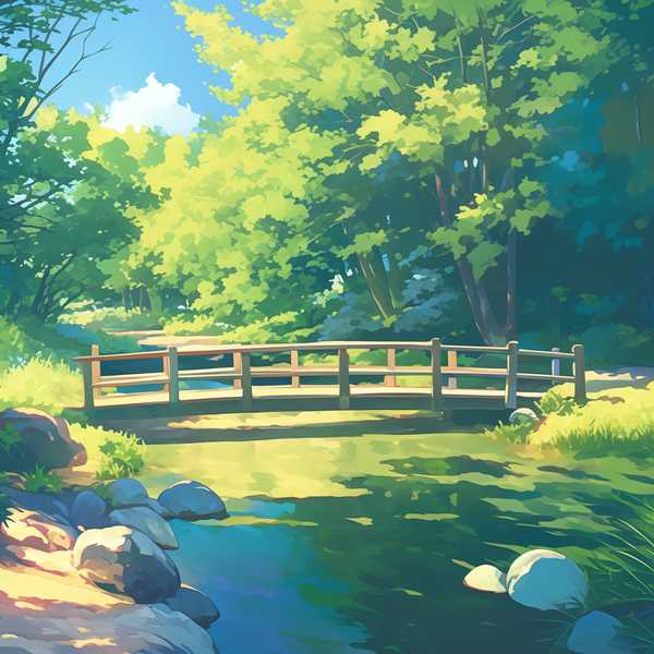 Landscape painting of riverside scenery-water flowing beneath a little bridge 4