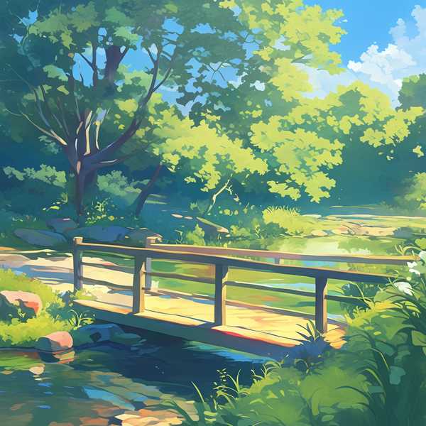 Landscape painting of riverside scenery-water flowing beneath a little bridge 3