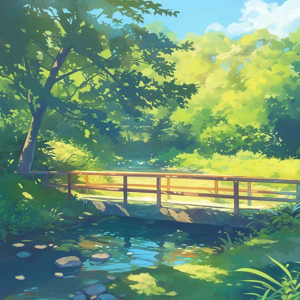 Landscape painting of riverside scenery-water flowing beneath a little bridge 2
