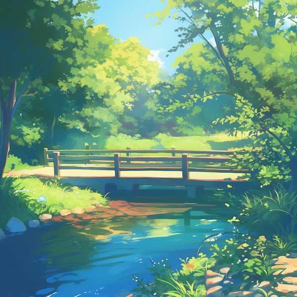 Landscape painting of riverside scenery-water flowing beneath a little bridge 1