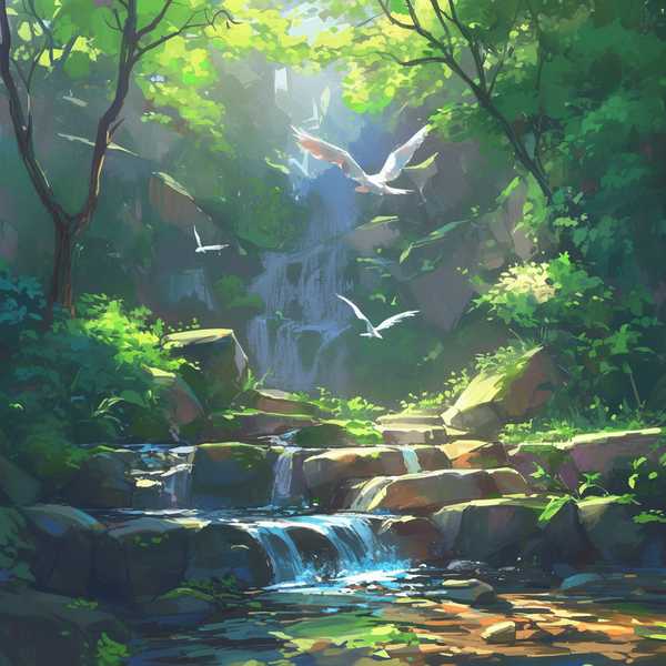 Landscape painting of riverside scenery-Bird diagram 1